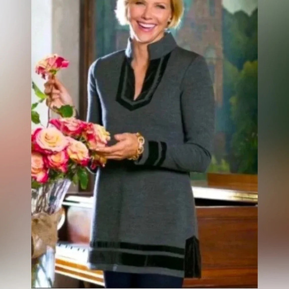 Soft Surroundings Runway Tunic Gray Black Velvet Trim Sweater Top NO SIZE TAG - Picture 3 of 7